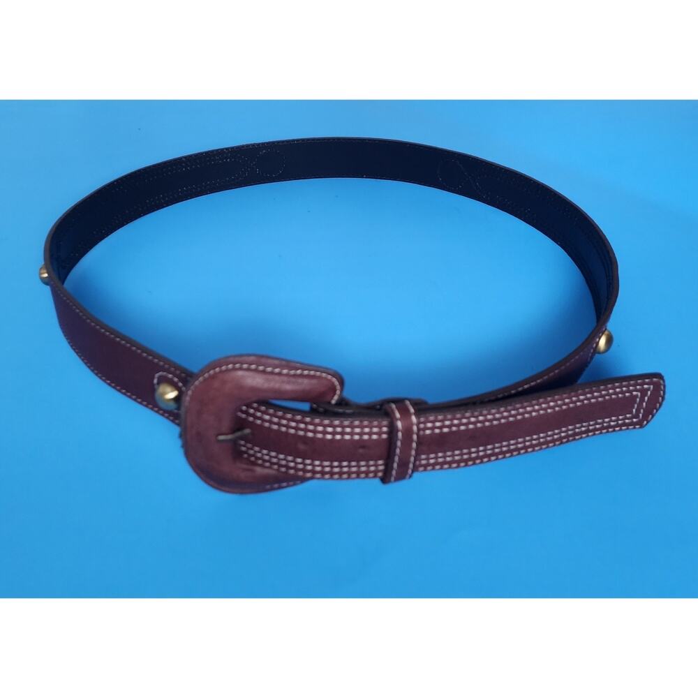 Per Una Mens Ranger Style Leather Belt Length 48in. Brown Double Stitch Studs.